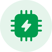 Green circular icon with a microchip pattern and a small lightning bolt symbol in the center—perfectly embodying the essence of cutting-edge software development solutions.