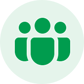 qa outsourcing Green circle with three simplistic white human figures inside, representing a group or team, ideal for promoting software testing services.
